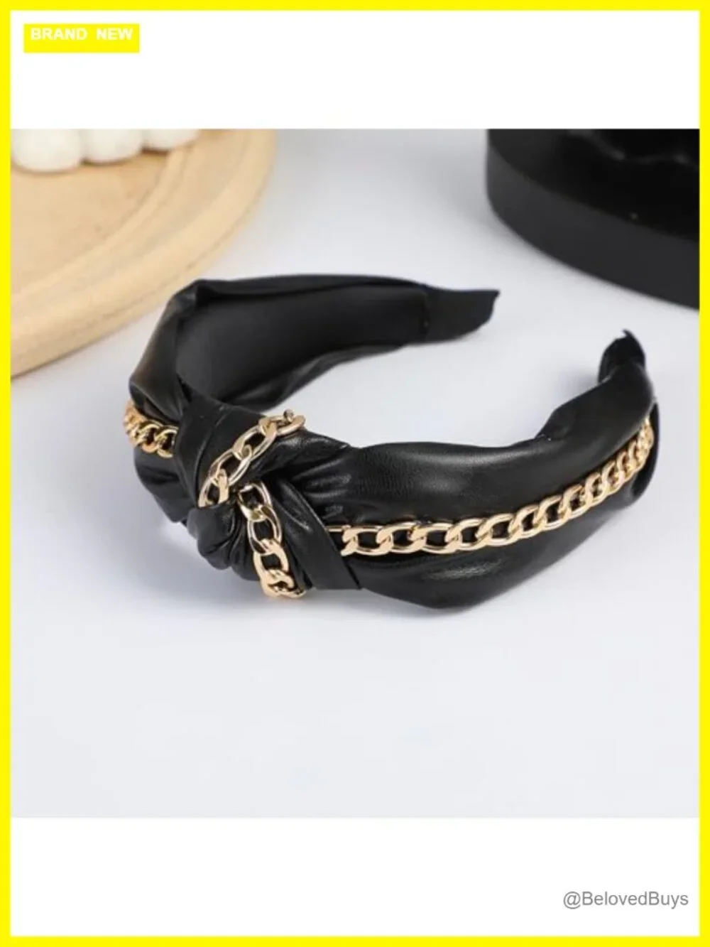 Punk Knotted Headband with Gold Chain Black PU Leather Hair Hoop